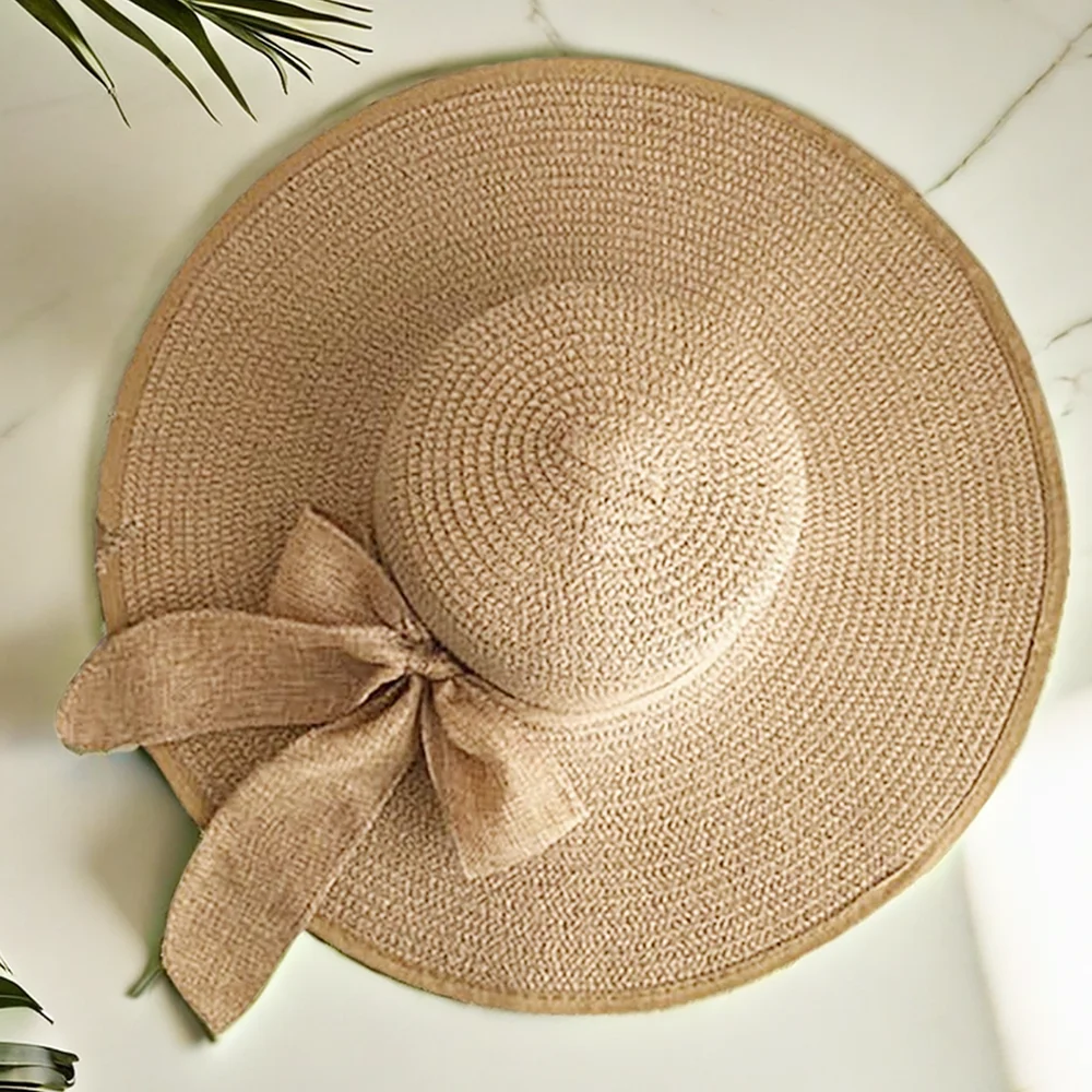 Summer Beach Vacation Big Hat Brim Beach Sunscreen Hat For Women Fashionable and Versatile Bow Bow Ribbon Straw Hat