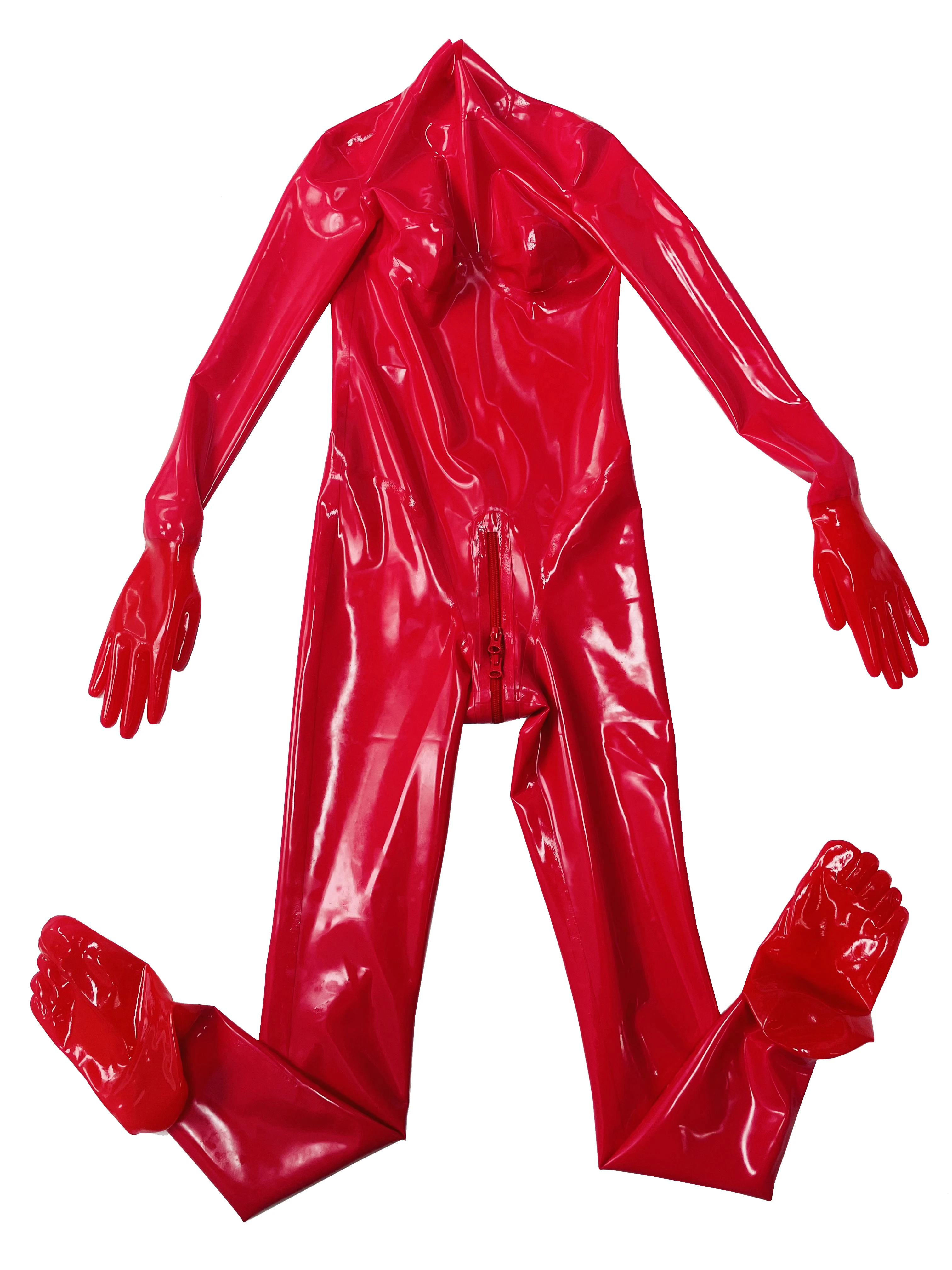 

Red latex gummi catstui with toes gloves 3D breast no zip neck entry crotch zip 0.4mm