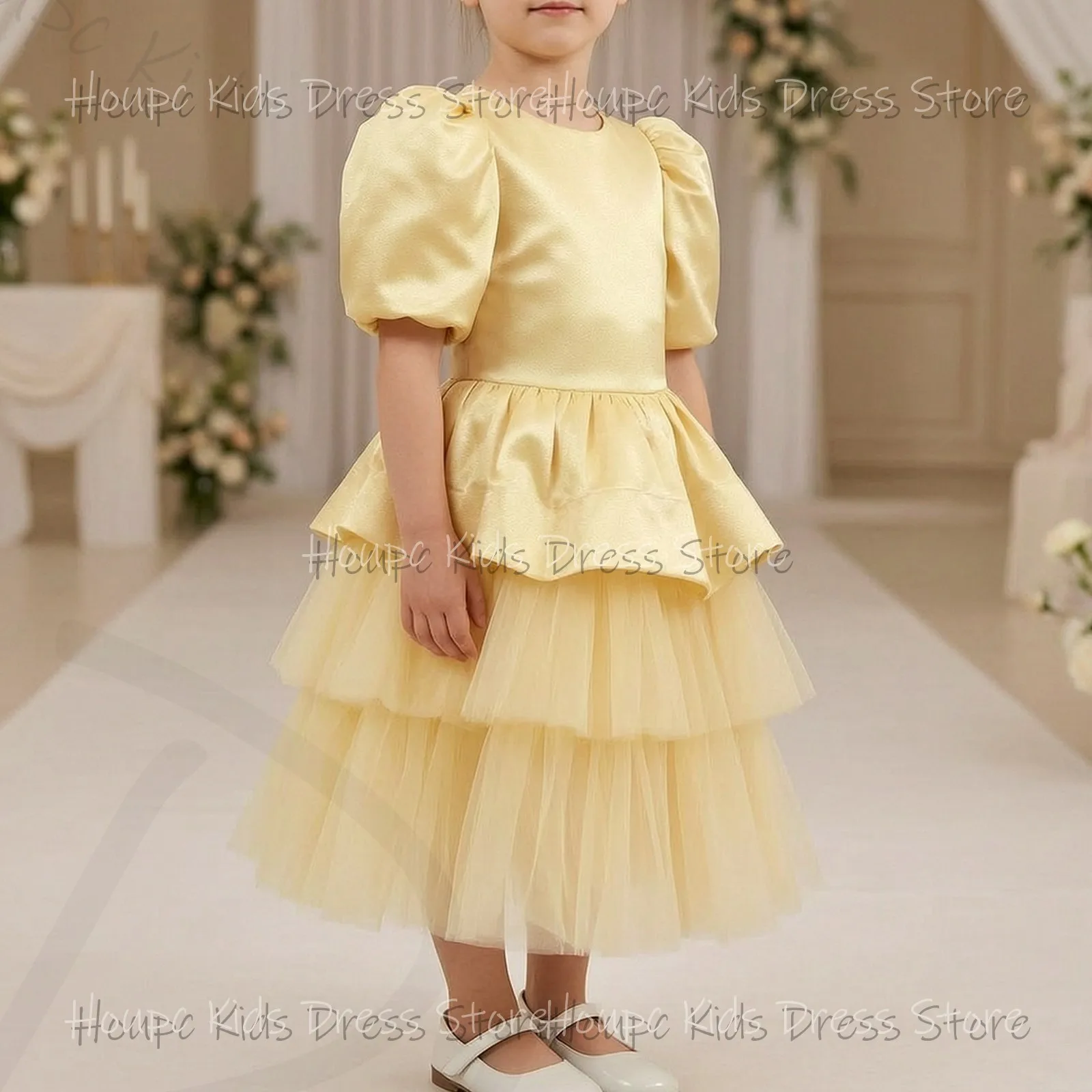Wedding Custom Flower Girl Dresses Princess Style Satin Tulle Puff Sleeve Knee-Length Wedding Birthday Party Evening Party