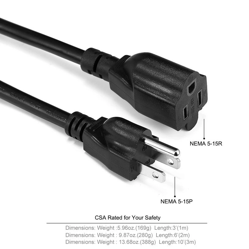NEMA 5-15P To NEMA 5-15R Power Cord 16AWG Heavy Duty AC Power Extension Cord For Computer Monitor PSU Projector(US Plug)