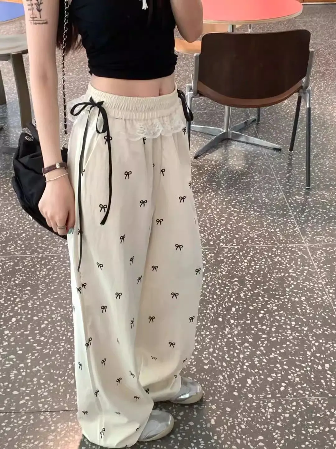 Sweet Sexy Lace Patchwork Casual Bows Pants Women,Summer Loose Elastic Waist Loose Straight Leg Pants