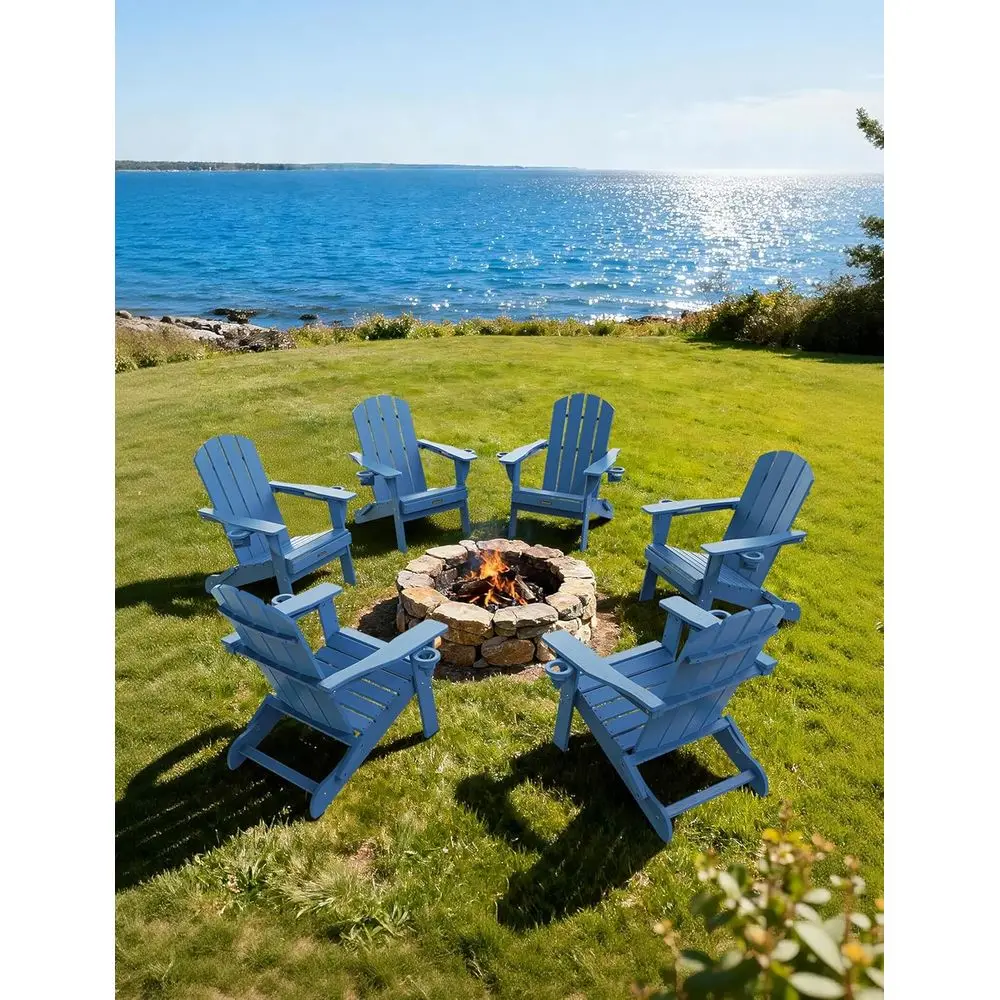

Set of 6 Weather-Resistant Wooden-Textured Plastic Adirondack Chairs with Cup Holders, Ideal for Outdoor Patio, Garden, Backyard