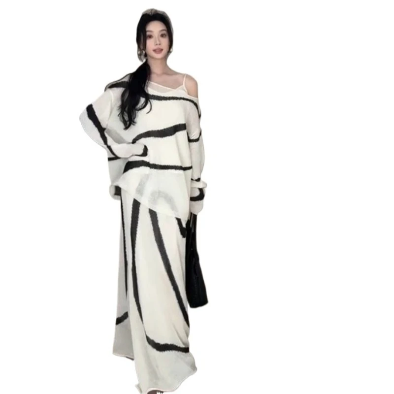 

Американский сладкий костюм, женский зарубежный топ с открытыми плечами, легкий и знакомый, нишевая и не столкновение драпированная юбка, комплект из двух предметов