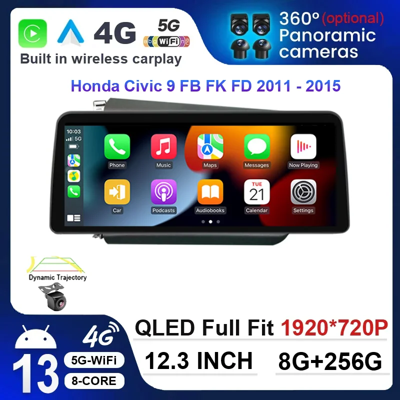 

Автомобильный мультимедийный плеер, 12,3 дюймов, Android 13, для Honda Civic 9, FB, FK, FD 2011-2015, GPS-навигация, 4G, DSP, видео, Wi-Fi, 256 ГБ