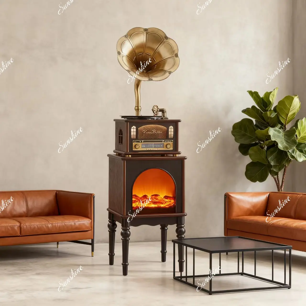 French vintage style phonograph high-end fireplace integrated vinyl living room ornaments