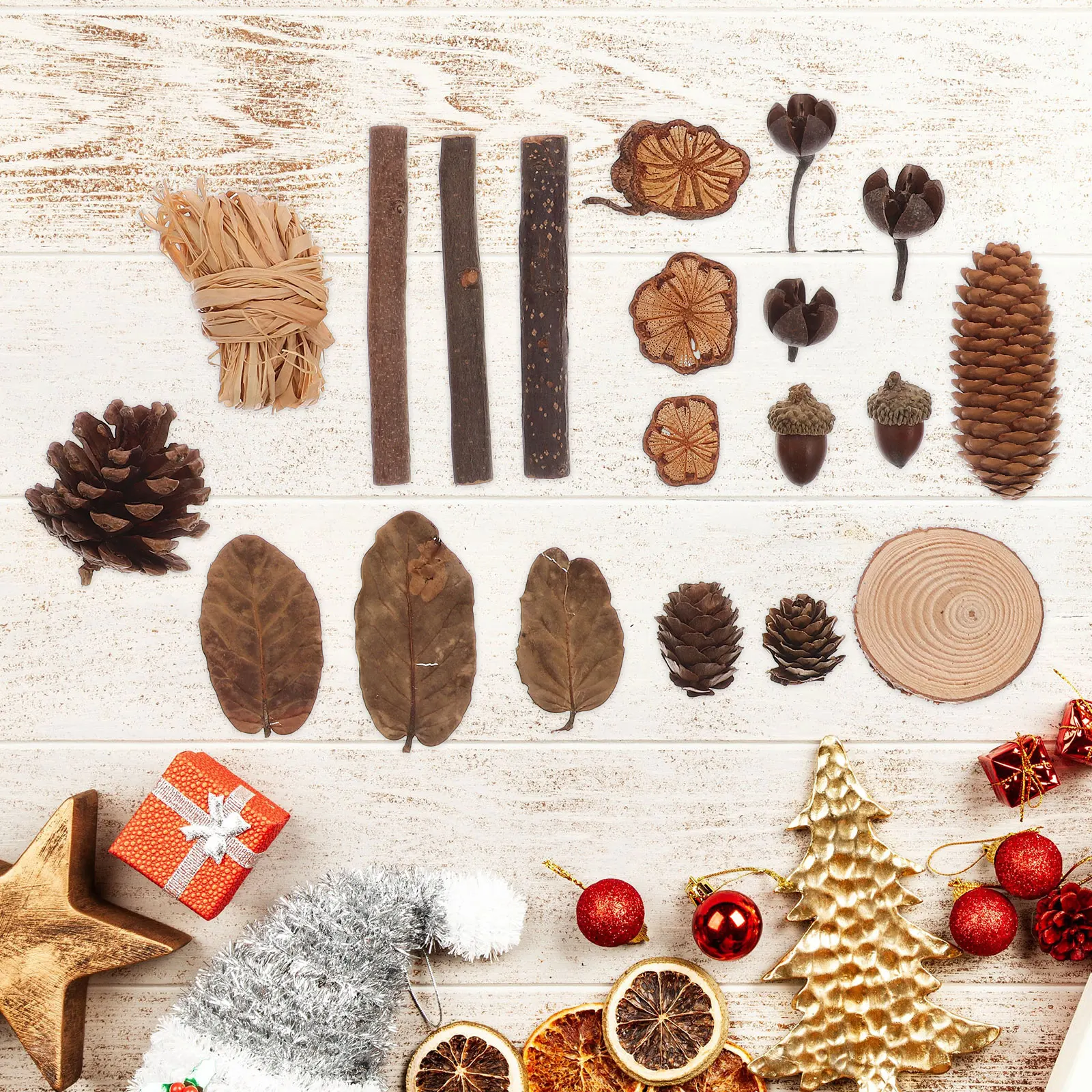 

Forest Vintage Dried Fruit and Flower Set Rustic Pinecones Leaves Wood Pieces Photo Booth Props Home Decoration