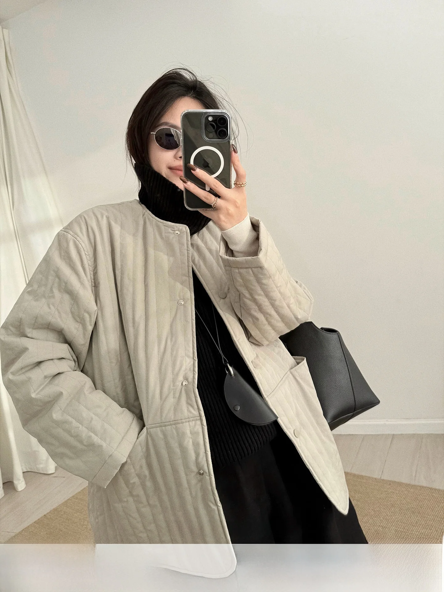 

Slimming Effect Vertical Stripe Cotton Jaet round Ne Lined Outerwear Korean Sle Loose Fit Long Sve Thiened Winter ...