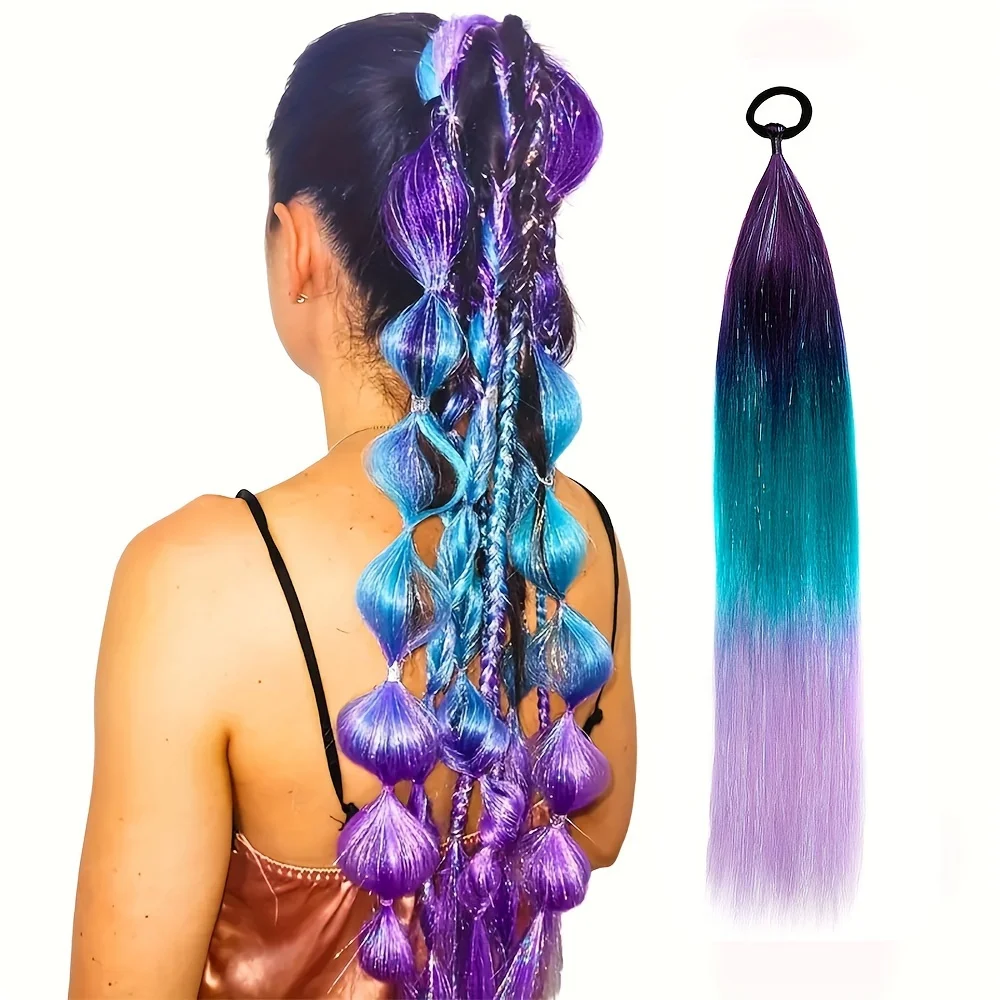 24inch Y2K rainbow Shiny Long straight hair Extensions Rubber band ponytail Gradient color Braids Party women girls hairs wigs