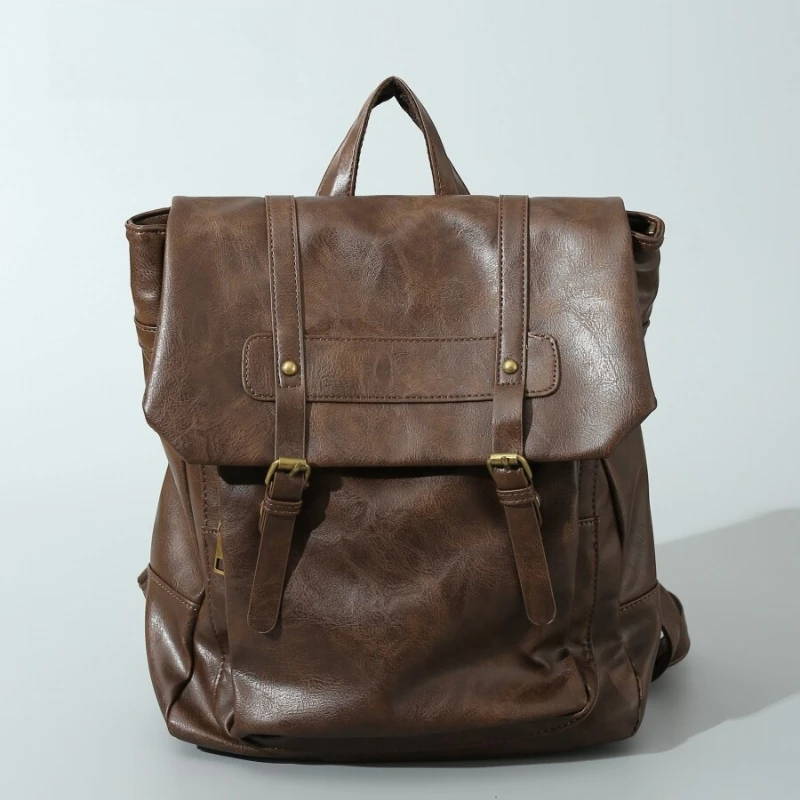 2026 New Y2K‑Distressed‑PU Buckle‑Flap Backpack, Large‑Capacity Laptop‑Friendly Commuting Daily Unisex Shoulder Rucksack
