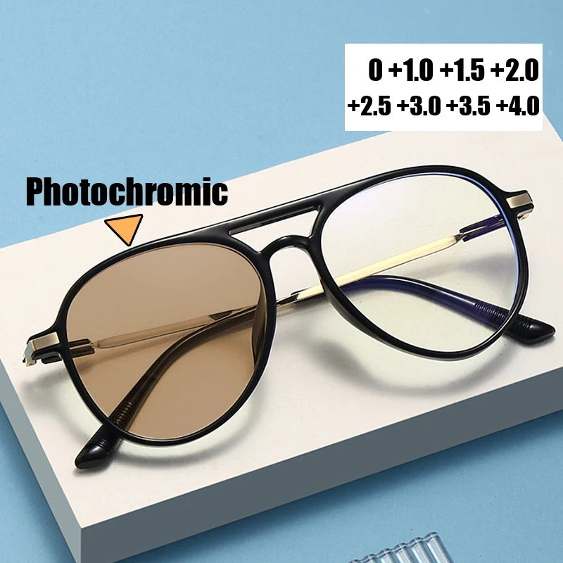 

Men's Photochromic Reading Glasses Fashion Double Bridge Women Anti Blue Light Far Sight Eyewear Prescription Presbyopia Glasses