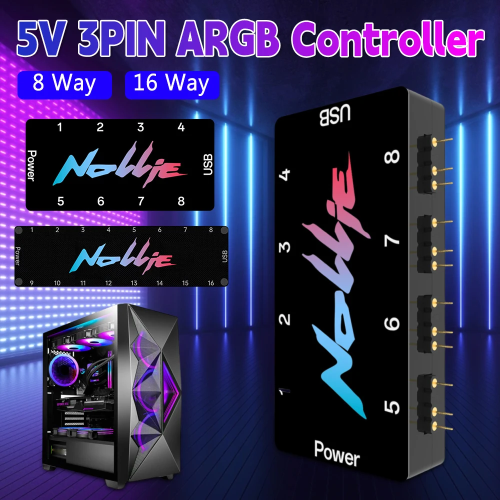 

5V 3Pin Addressable ARGB Splitter Support SignalRGB OpenRGB ARGB Fan HUB Controller SATA Power 8/16 Way for PC Chassis Case