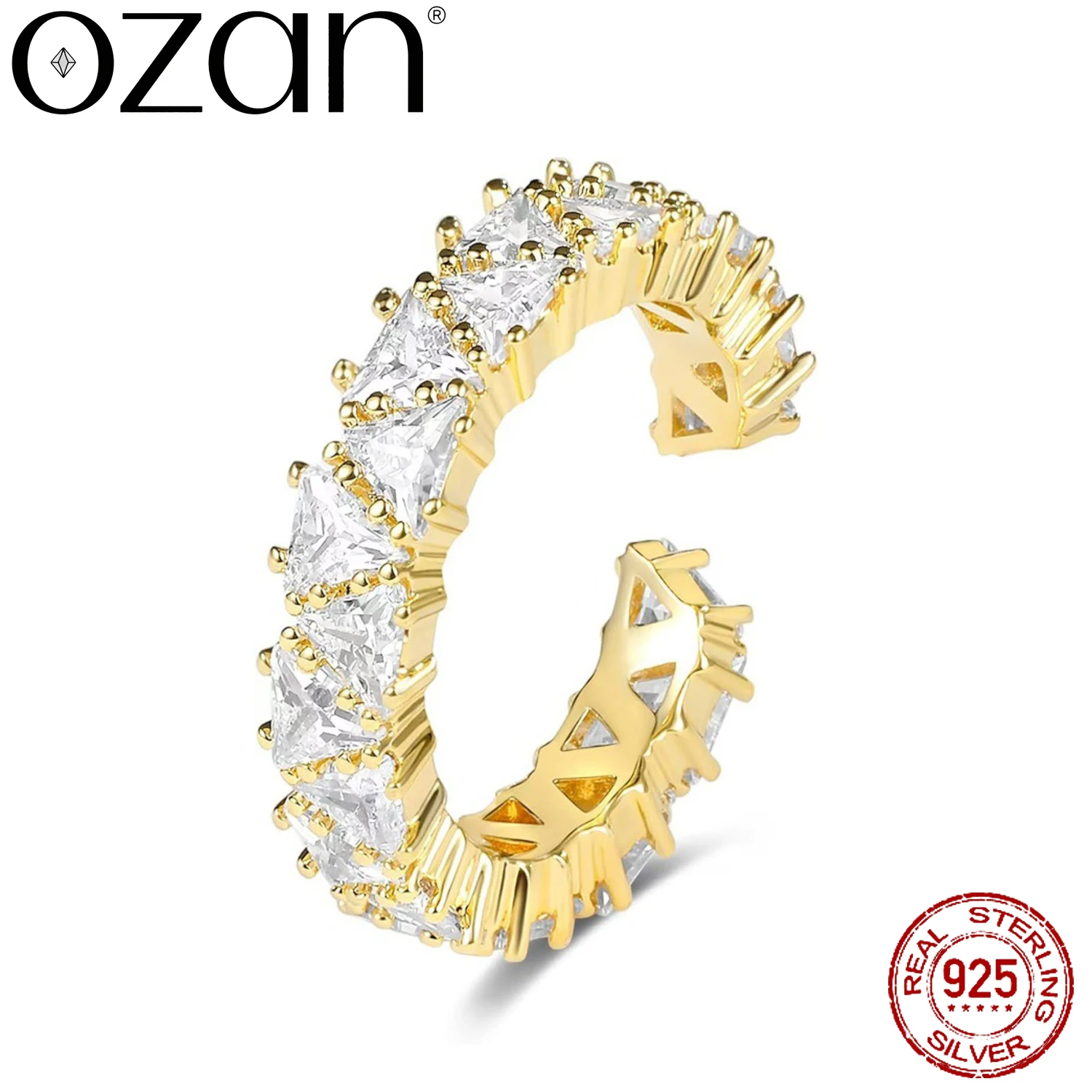 OZAN 925 Sterling Silver Ring Triangle CZ Open Ajustable Ring 18k Yellow Gold Plated Fashion Jewelry for Women Lady Girls