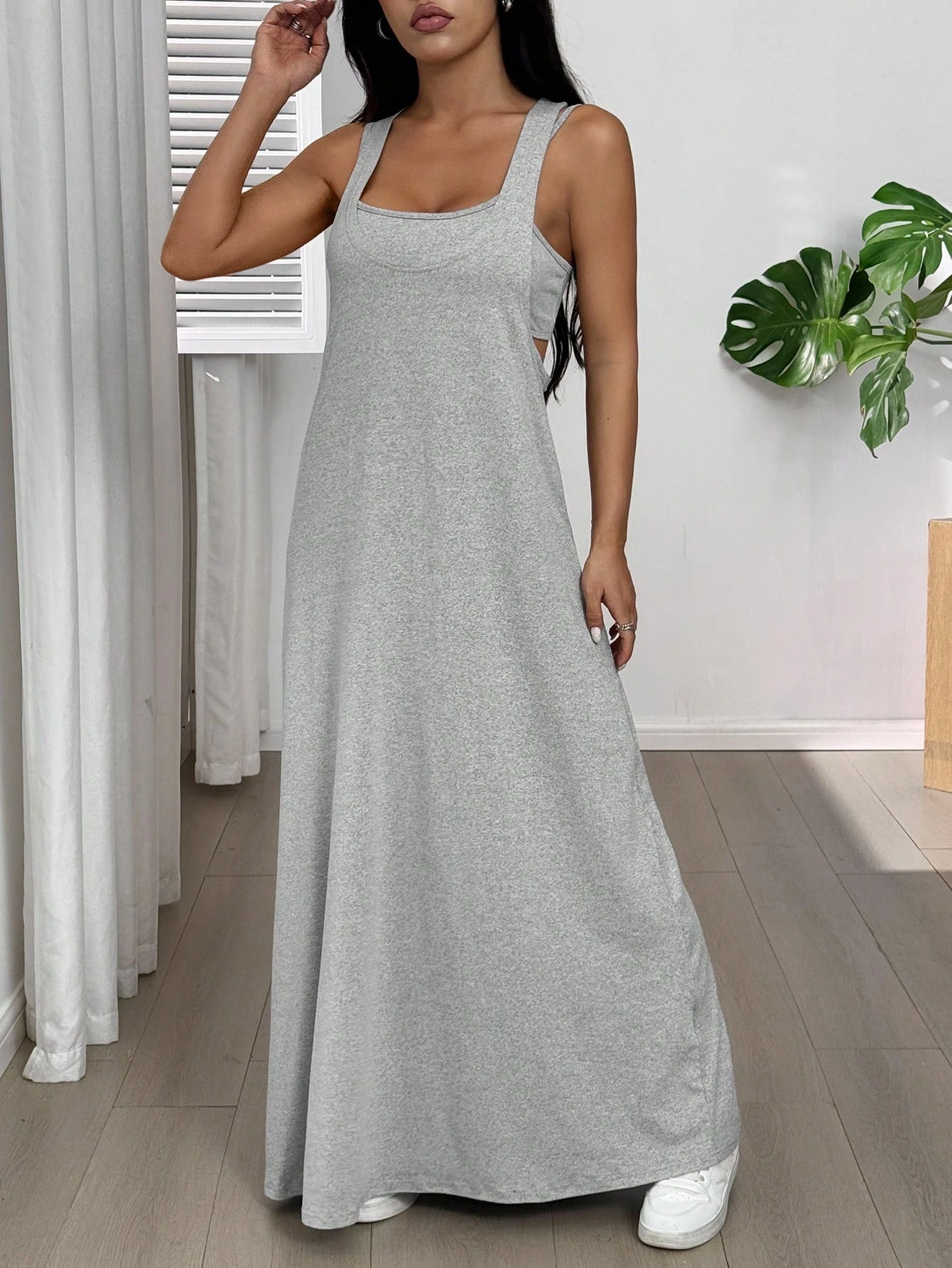 Women's 2 Piece Maxi Dress Set Sleeveless Cami Crop Top + Open Back Racerback Long Cover Up Dress Gray image 3