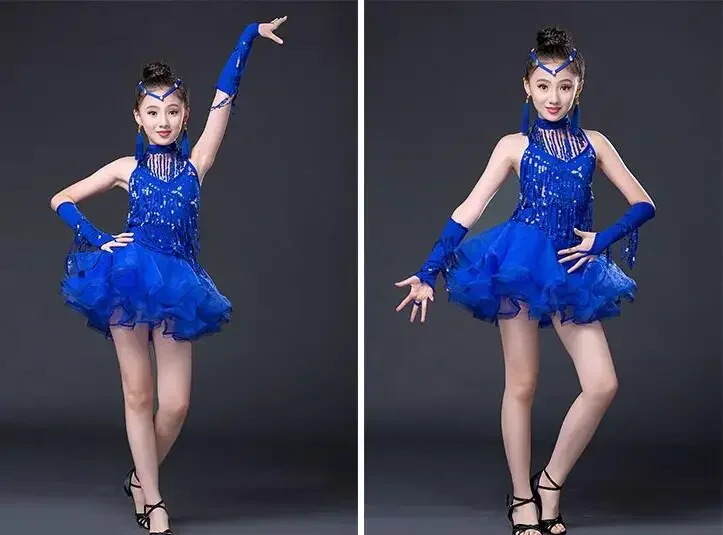 Mädchen Blau Rot Professionelles Latein-Tanzkleid Kinder Ballsaal Salsa Tanzkleidung Outfits Kinderparty Bühnenkleidung Kostüme