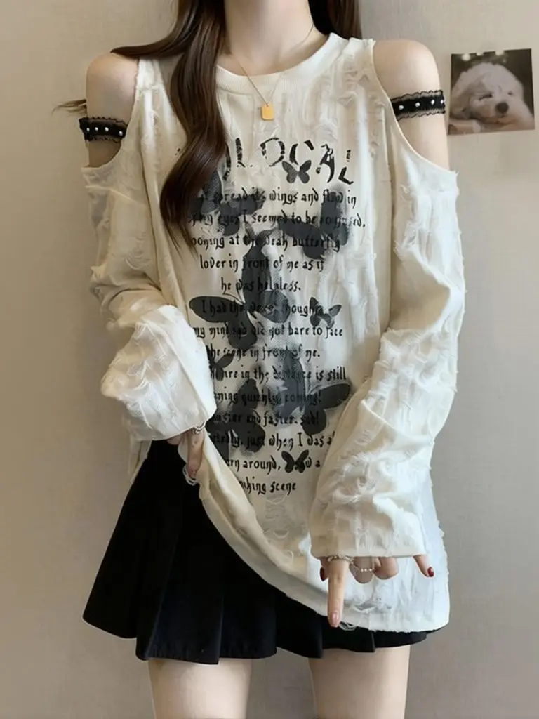 Y2k Ripped Hole Off Shoulder Oversize T Shirt Women Vintage Butterfly Print Loose T Shirt Casual Long Sleeve  Basic Tees Top