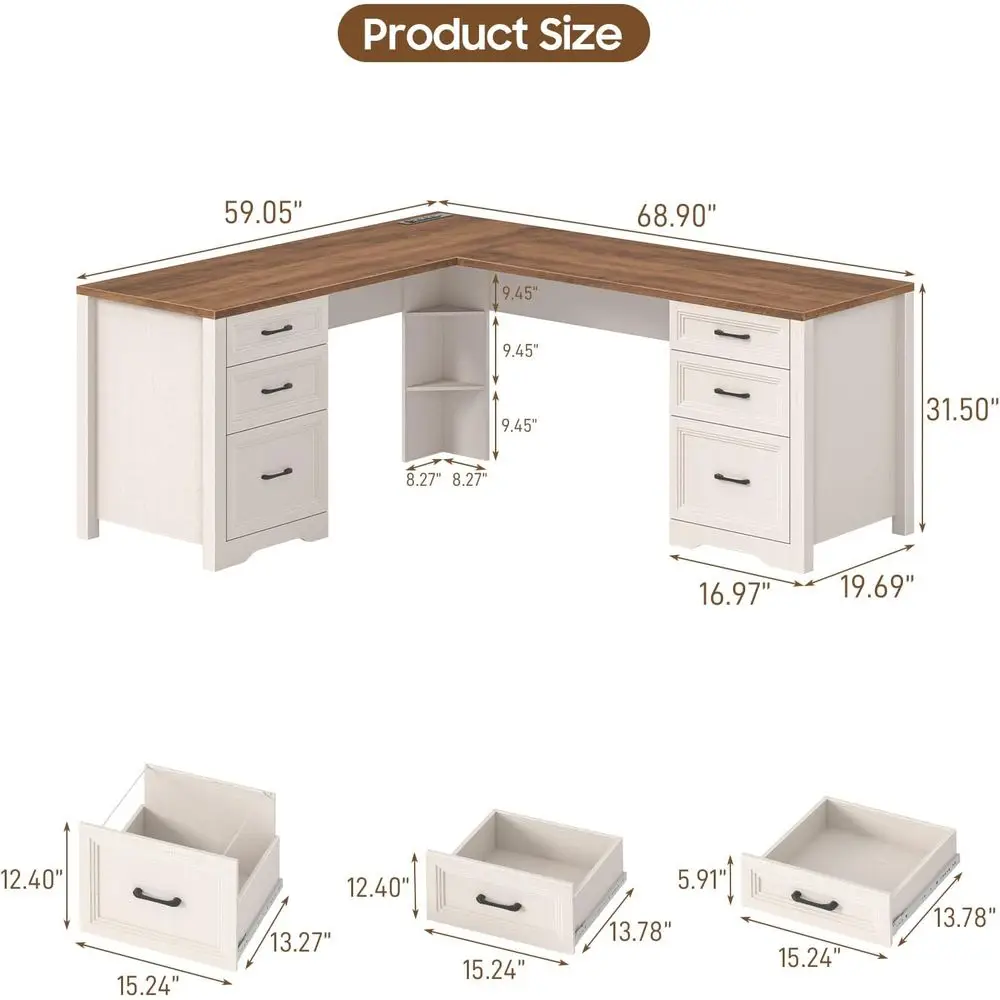 L Shaped Executive Desk with 6 Drawers, Home Office Desk with Power Outlets and Under-Desk Storage Shelf & Cabinet, Computer Des