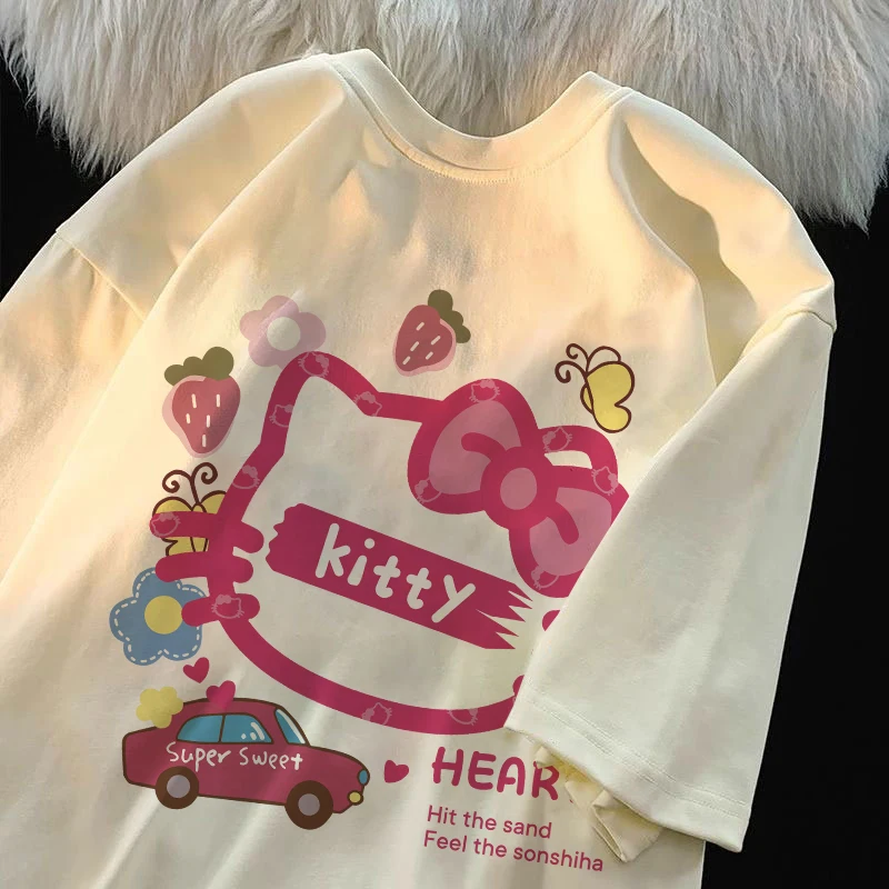 تي شيرت مطبوع عليه رسوم متحركة Hellokity للأولاد والبنات بأكمام قصيرة للصيف كاجوال ومريح من القطن برقبة دائرية Y2K