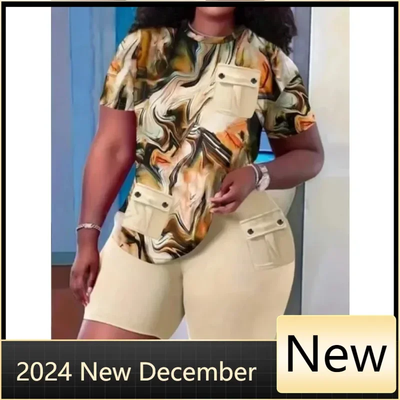 

Women's Loose Suits 2024 Summer Latest Chic Round Neck Plus Size Ombre Tie Dye Print Pocket Short Sleeve Top & Pocket Shorts Set