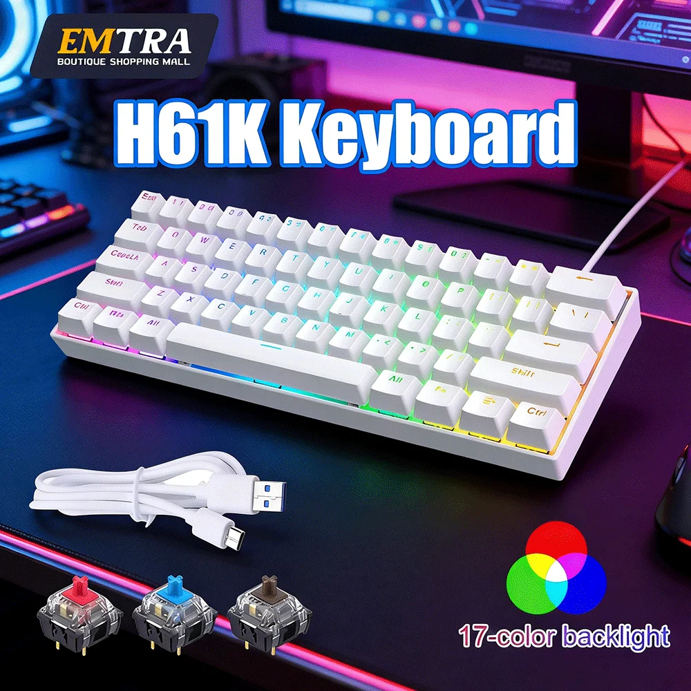 EMTRA Wired Gaming Mechanical Keyboard 60%  RGB Red Blue Tea Axis Hot Swappable 61 Keys Red Switch Mini Keyboards for Gamer PC
