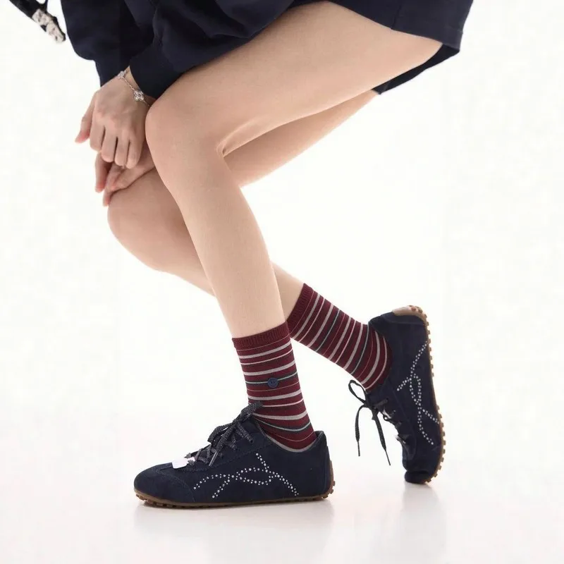 Vintage Button Striped Mid Calf Socks for Women, Fall Winter Versatile Ins Style High Cotton Seamless Toe Slouch Socks, No Rubbi