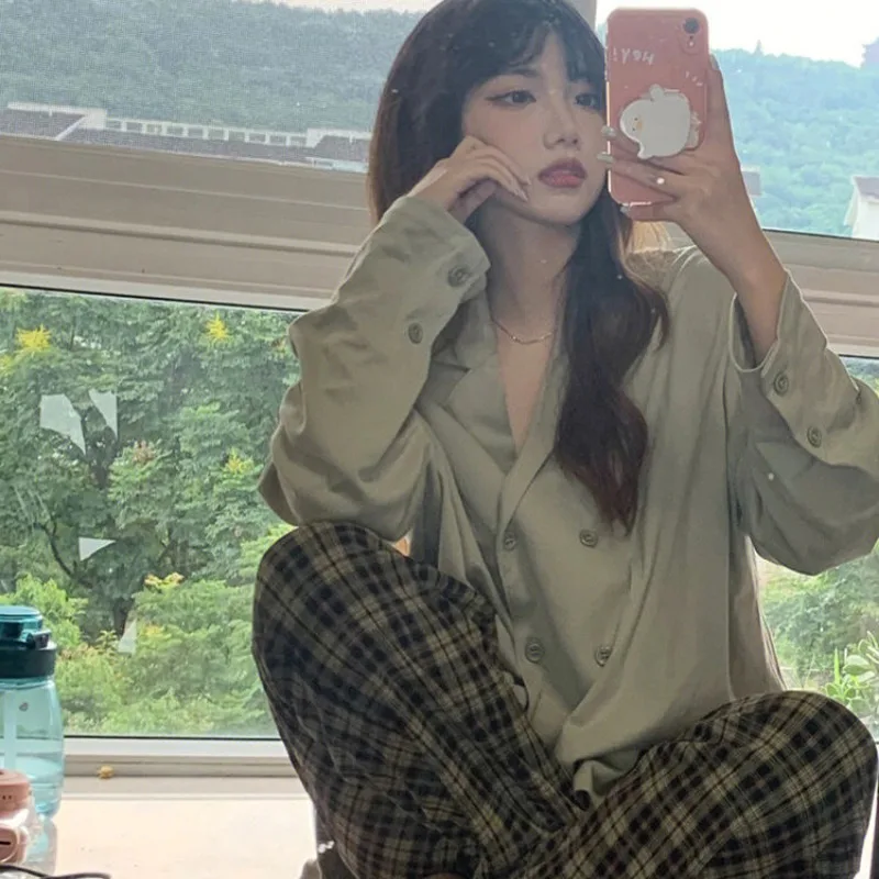 Solid Color Long-sleeved Nightgown 2024 Latest Women Spring Autumn Leisure Sleepwear Plaid Pants Lapel Double-breasted Pajamas