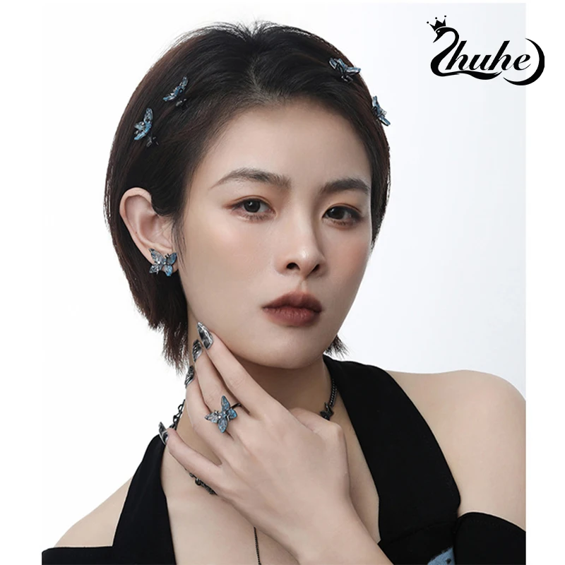 The New Korean Blue Butterfly Set For 2024 Is A New Gothic Copper Alloy Jewelry Party Gift For Women