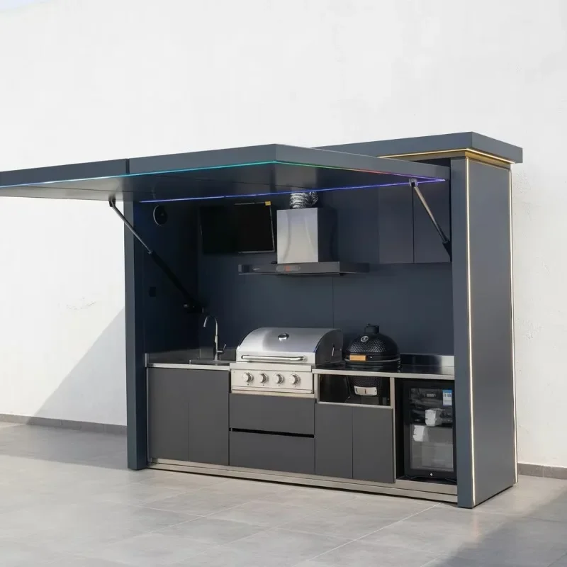 Outdoor Kitchen Island with Bar Counter Luxury Stainless Steel BBQ Cabinets and Sink for Garden Entertainment