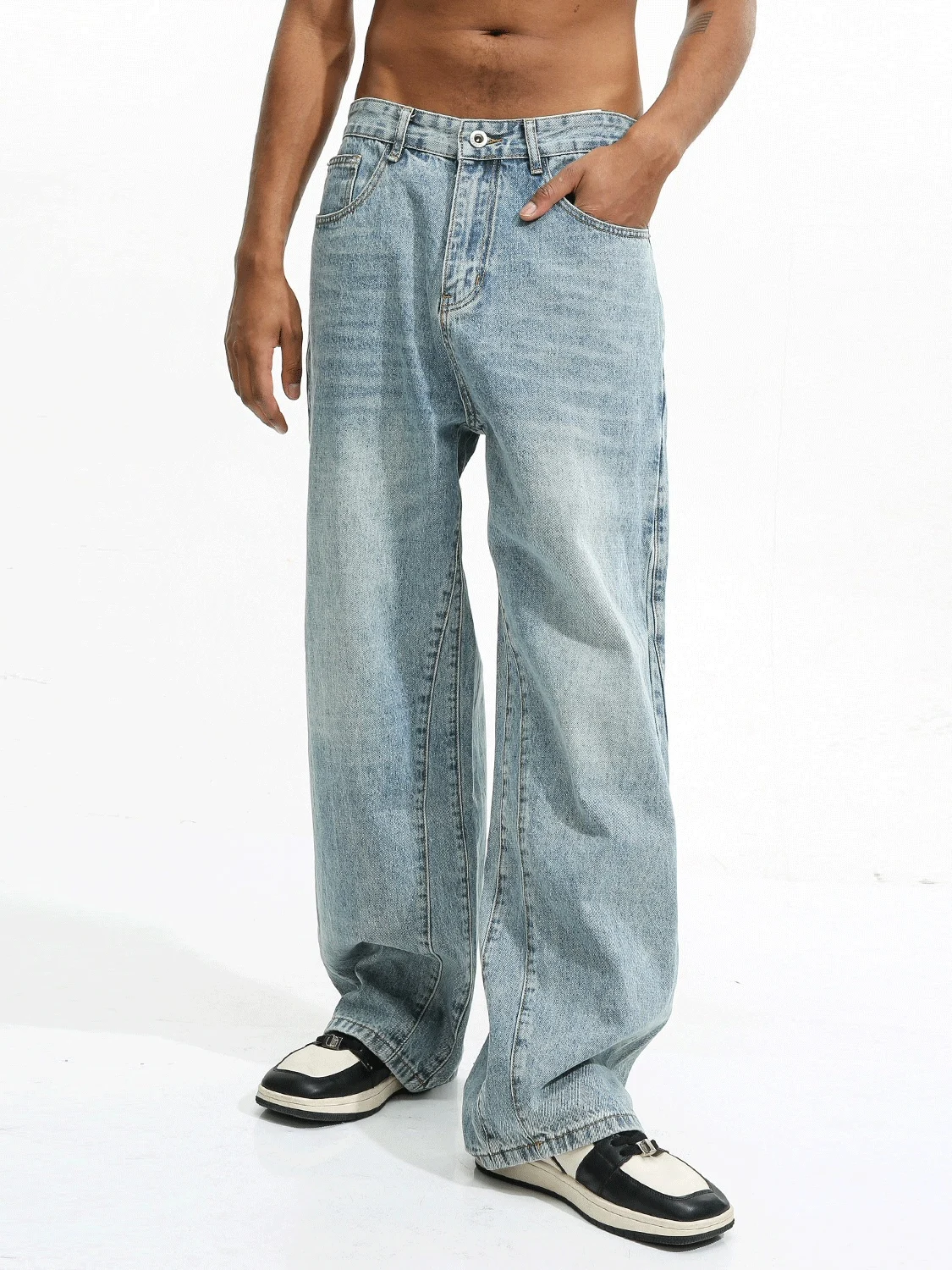 

Glowing Box 2025AW Мужские винтажные прямые свободные широкие джинсы Универсальные светло-голубые базовые джинсовые брюки со средней талией на молнии Cl...