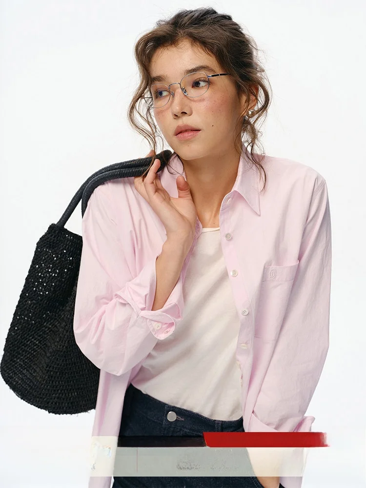 

Розовая свободная женская рубашка из чистого хлопка с длинными рукавами, отложным воротником, простая универсальная верхняя одежда, утягивающий цветной топ