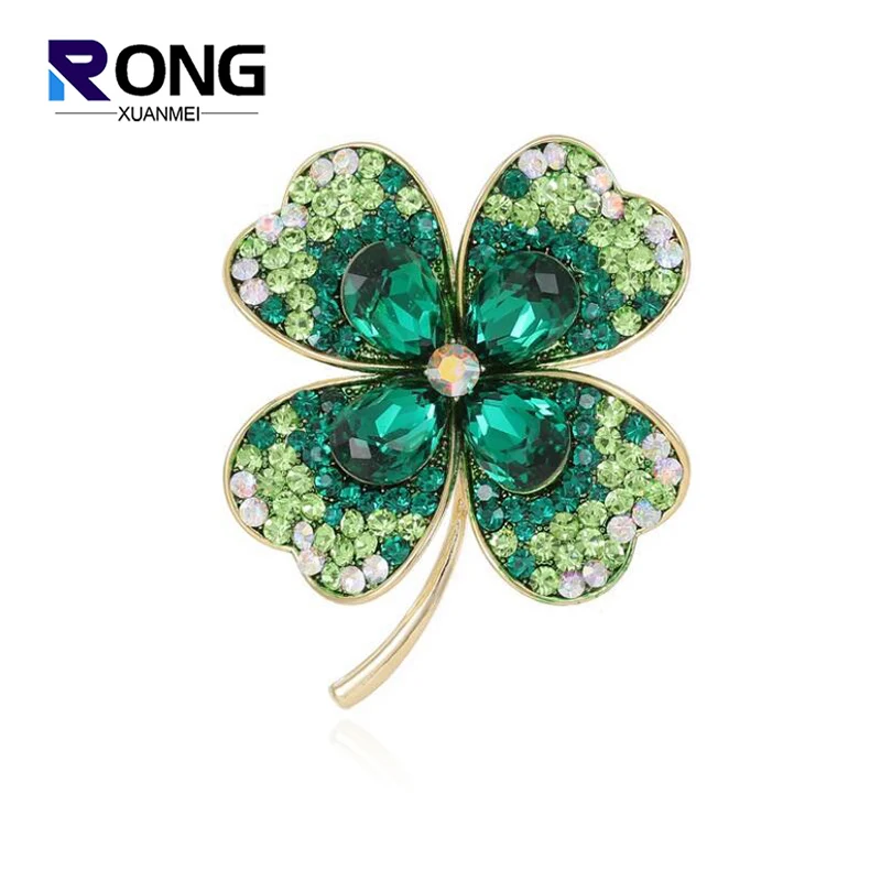 Fashion Four Leaf  Clover Brooches For Women Crystal Rhinestone Plant Flower Lapel Pin Fixed Clothing Accessories Corsage