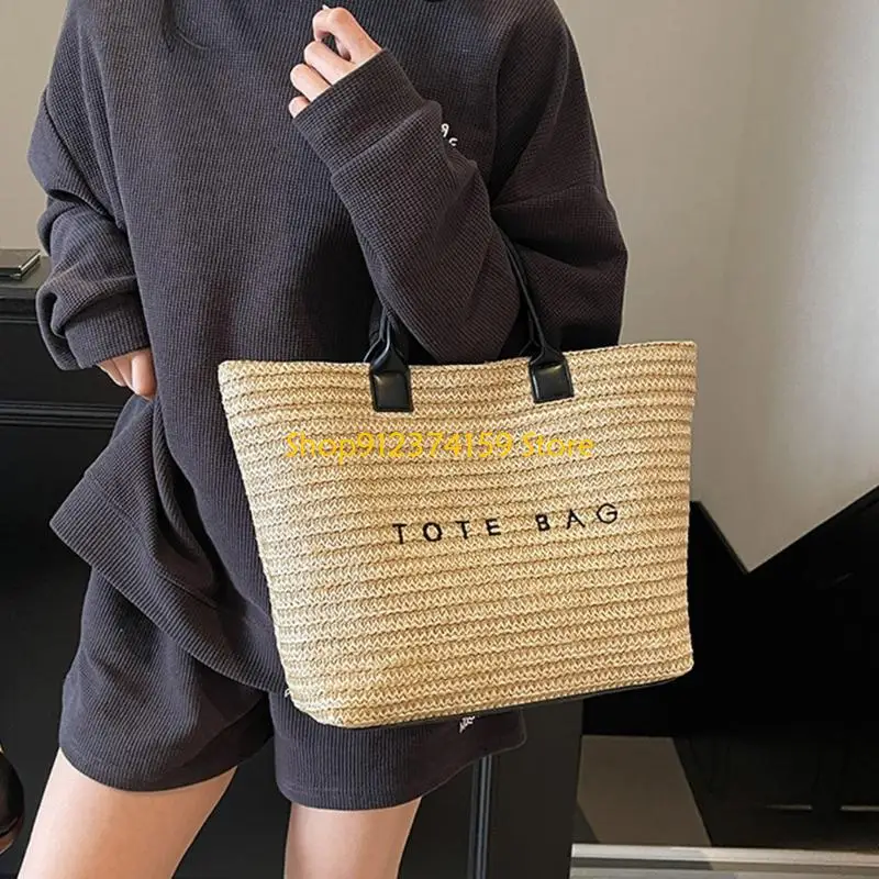 

G5AE Women Straw Top Handle Bag Beach Bag Large Capacity Commuting Bag Letter Print Vacation Bag Handwoven Handbag