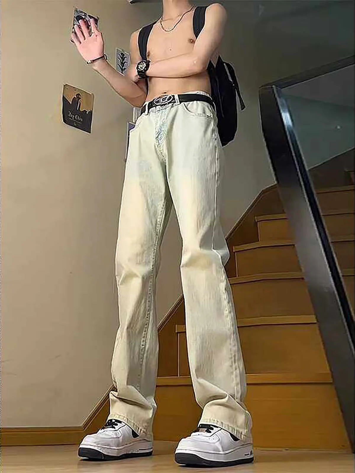 

Retro American Mud Color Faded Jeans Slim Straight Leg Men's Vintage Waed Straight Tube Micro Flared Pants Casual Denim