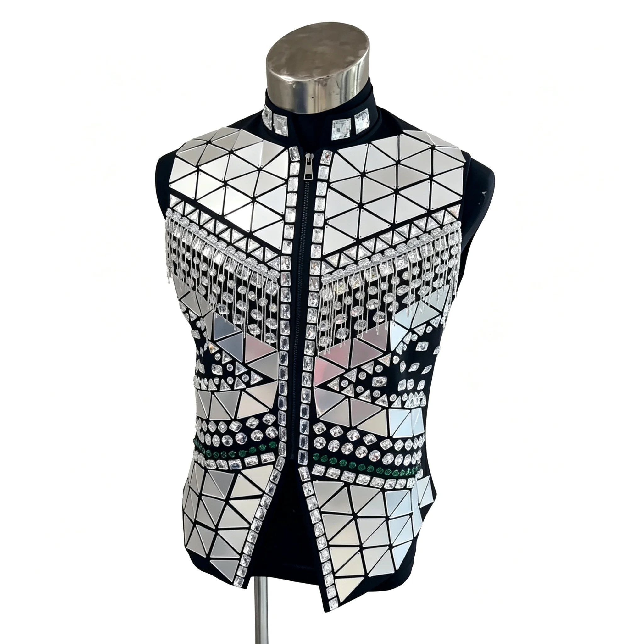 Customized Handmade Men's Cool Black Vest With Geometric Silver Mirror Inlay Tassel Fringe For Male Singer Show Costumes