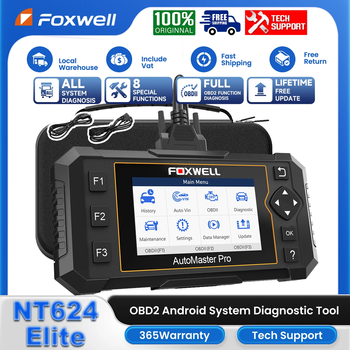 FOXWELL NT624 Elite OBD2 Automotive Scanner Diagnostic Tool SAS ABS Oil EPB Reset DPF BRT ODBII All System Scan Free Update