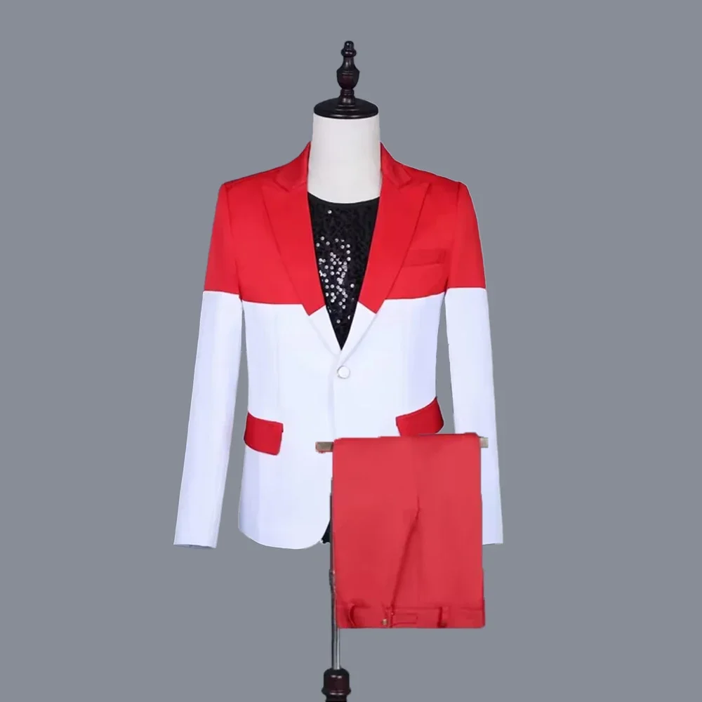 

Color Matching Men Suits 2 Piece Fashion Peak Lapel Red and White Outfits Elegant Casual Formal Host Concert Male Suit Slim Fit