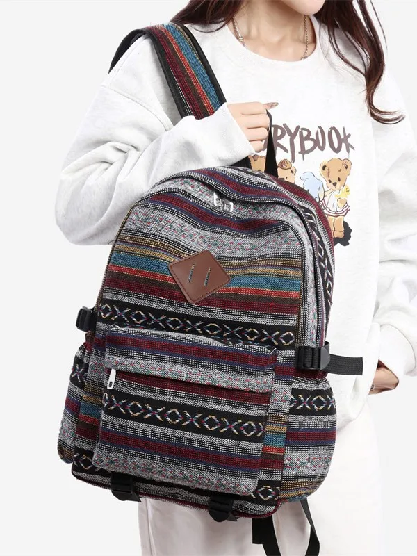 Women Bohemian Striped Woven Backpack Ethnic Geometric Pattern Large Capacity School Travel Daypack