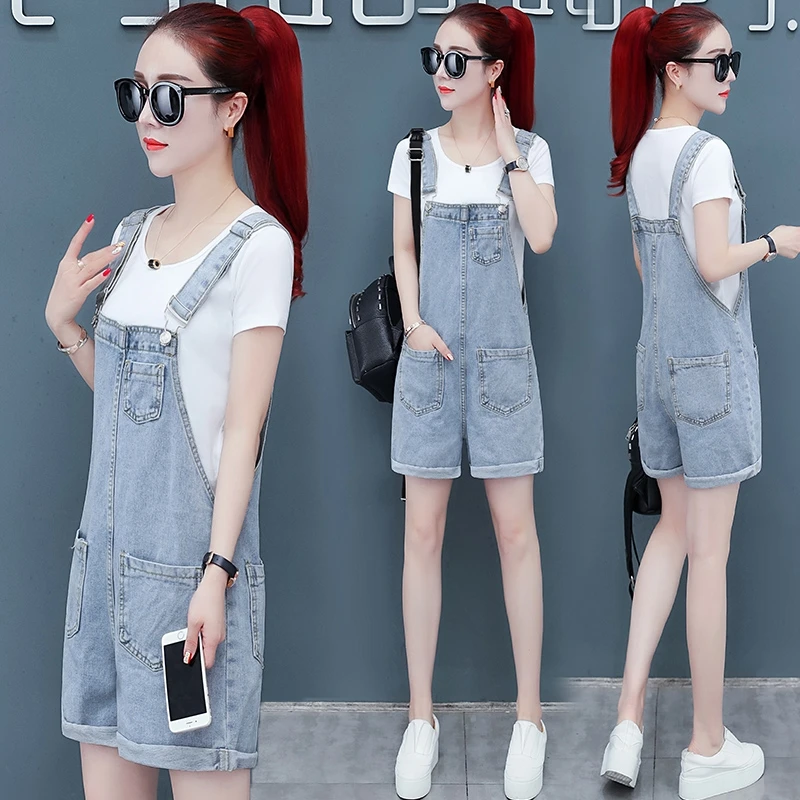 Anti-Aging Denim Overalls Women's Two-Piece Set Summer New Korean Style High Waist Cotton Blend Fabric Commute Style Shorts