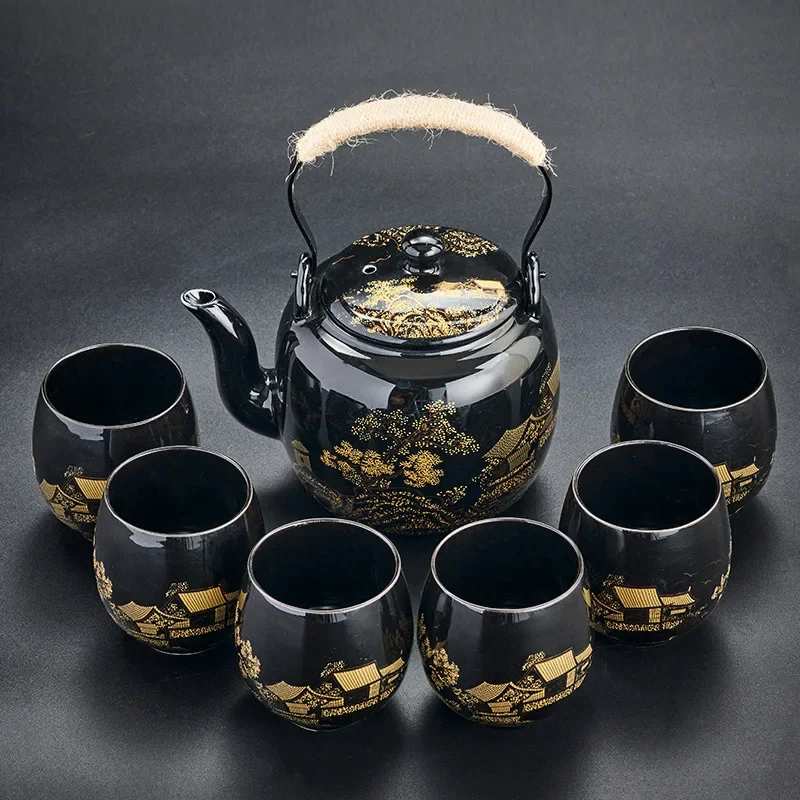 Black Glazed Large-capacity Tea Set   Ceramic Handle Teapot   1 Teapot with 6 Cups