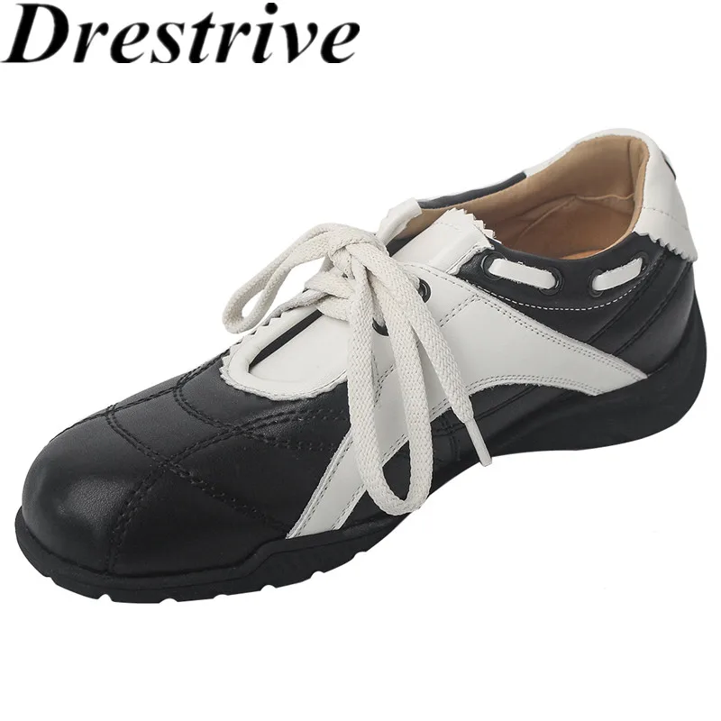 Drestrive 2025 Fashion Casual Shoes Laminated Split Leather Fabric Lace Up Round Toe Patchwork Autumn Mid Heels
