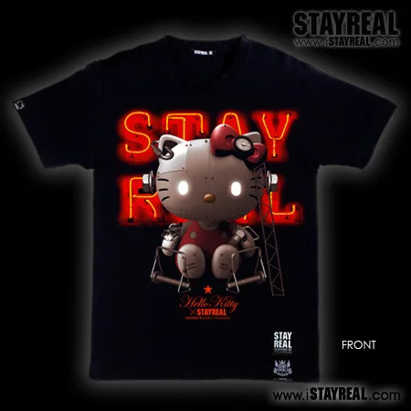 STAYREAL Collaboration Robot Hello Kitty Graphic T‑Shirt Men Women Retro Neon Print Short Sleeve Cotton Unisex Streetwear Tees
