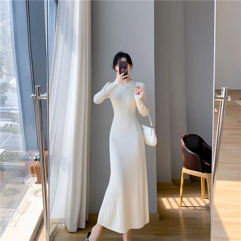 New Women Knitted Slim Dress Long Sleeve 2024Early Spring Female Sweater Midi Robes Elegant Pleated Wrapped Hip Bodycon Dresses