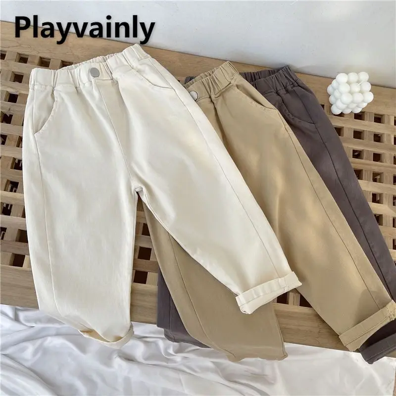 

Children Spring Autumn Casual Pants Boys Girls Solid Color Elastic Waist Loose Straight Leg Trousers Basic Versatile Pants A0030