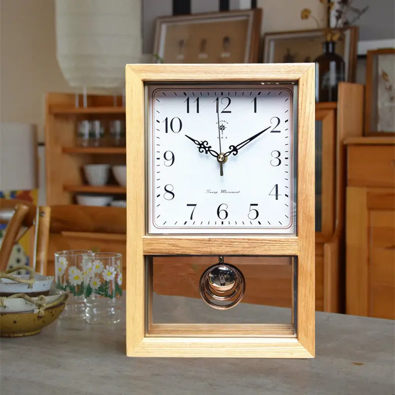 Silent Table Pendulum Clock Wooden Retro Aesthetic Desk Clock Elegant Simple Watch Interior Room Desktop Decoration Ornaments