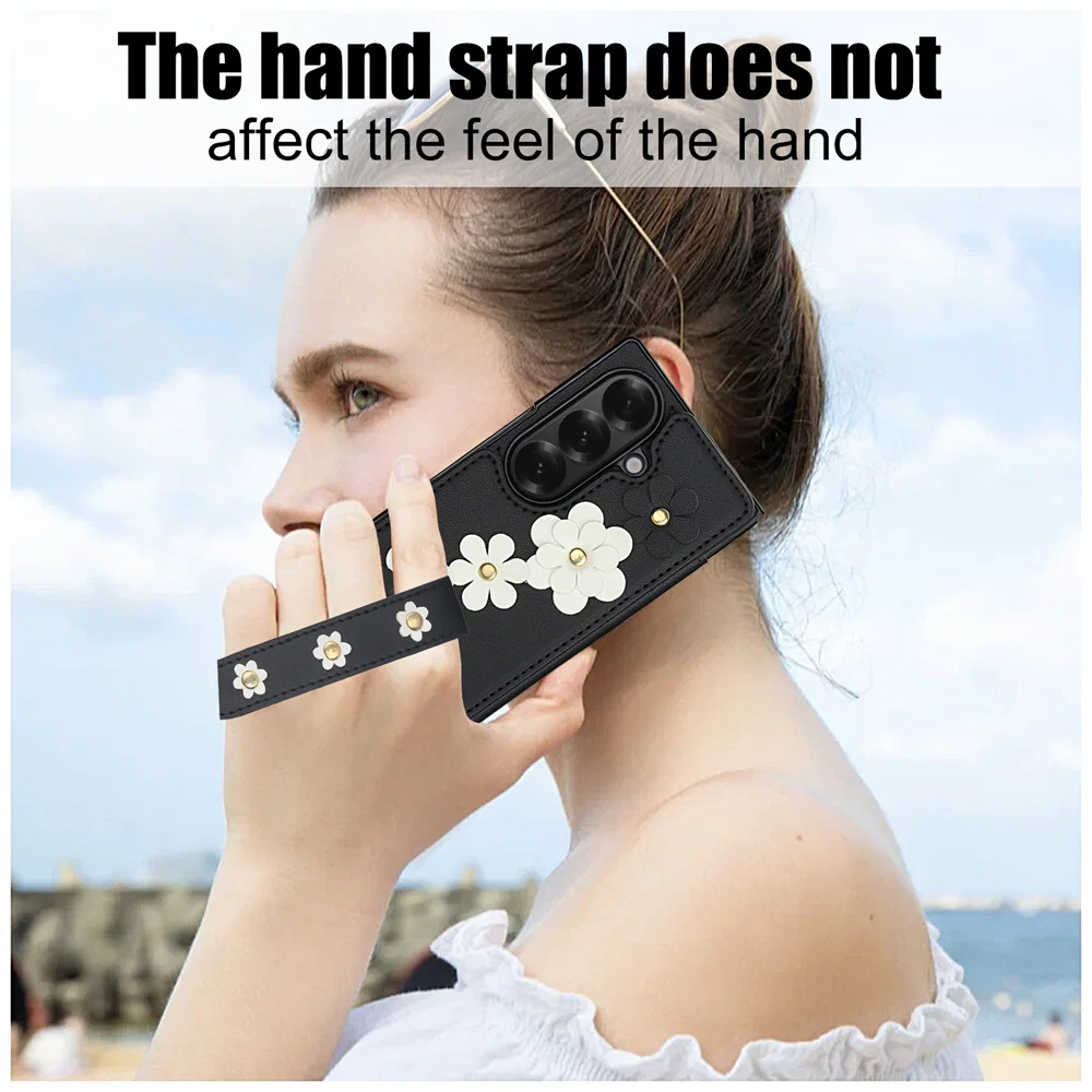 Casing Ponsel Dompet untuk Samsung Galaxy Z Lipat 7 6 5 4 Penutup Saku Kartu Kulit PU dengan Tali Leher Gelang Tangan Biji Leci Retro