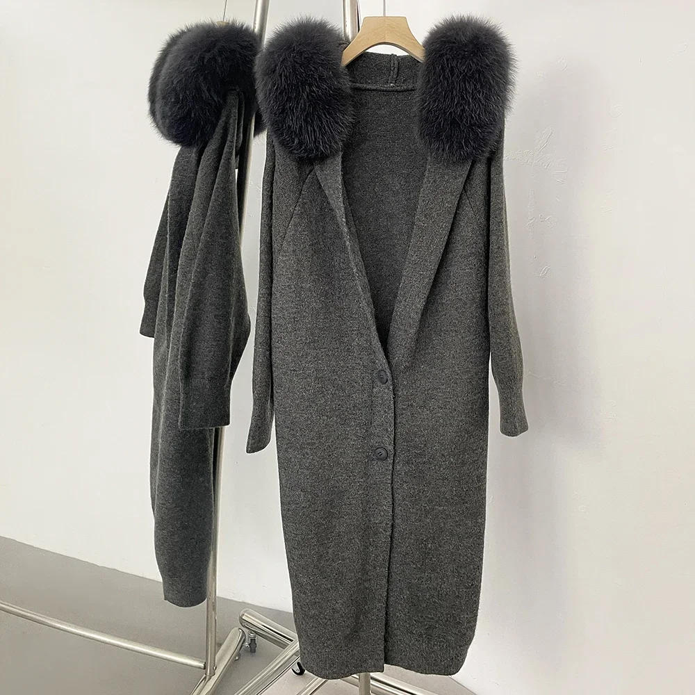 OFTBUY Fox Fur Fur Collar Autumn Cardigan Cropped Sweater Cardigan Hooded Spring Hot Sale Knitwear Women Real Fur Sweater Ladies