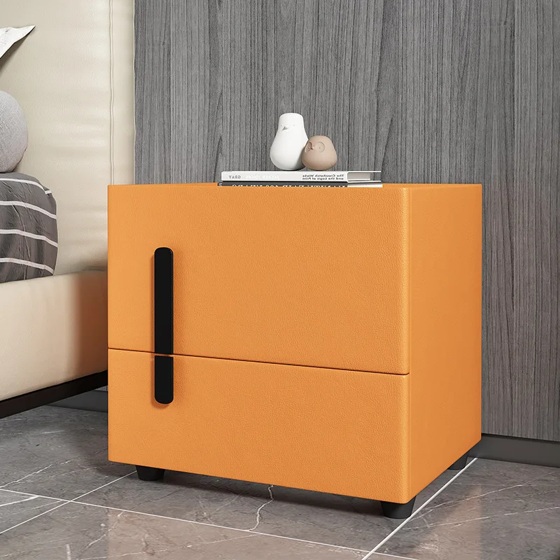 Mesita de noche italiana ligera de lujo, mesita de noche de madera maciza con doble cajón, losa de roca de cuero minimalista, diseño maestro personalizado