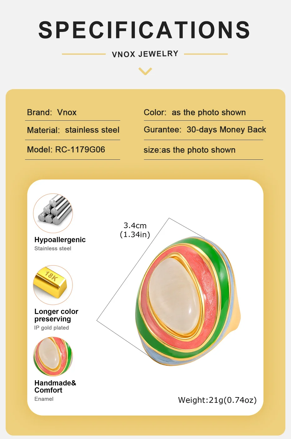 Vnox Geometrischer Spiralring mit Buntem Glasur-Effekt und Naturstein für Damen, Vergoldeter Edelstahl, Mehrschichtiger Farbring – Detail 4