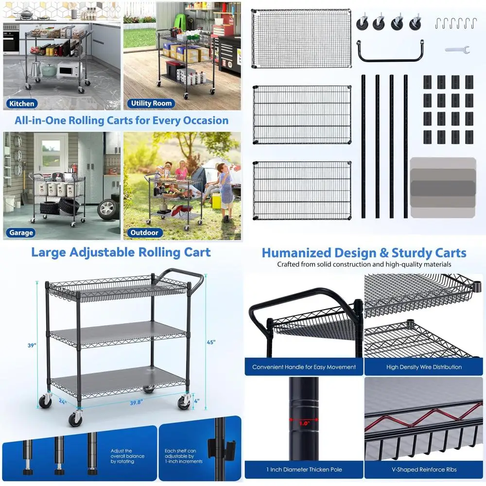 عربة أدوات شديدة التحمل مكونة من 3 طبقات بسعة 1350 رطلاً، 24 × 45 × 39، عربة معدنية معتمدة من NSF للمرآب والمطبخ والمستودعات