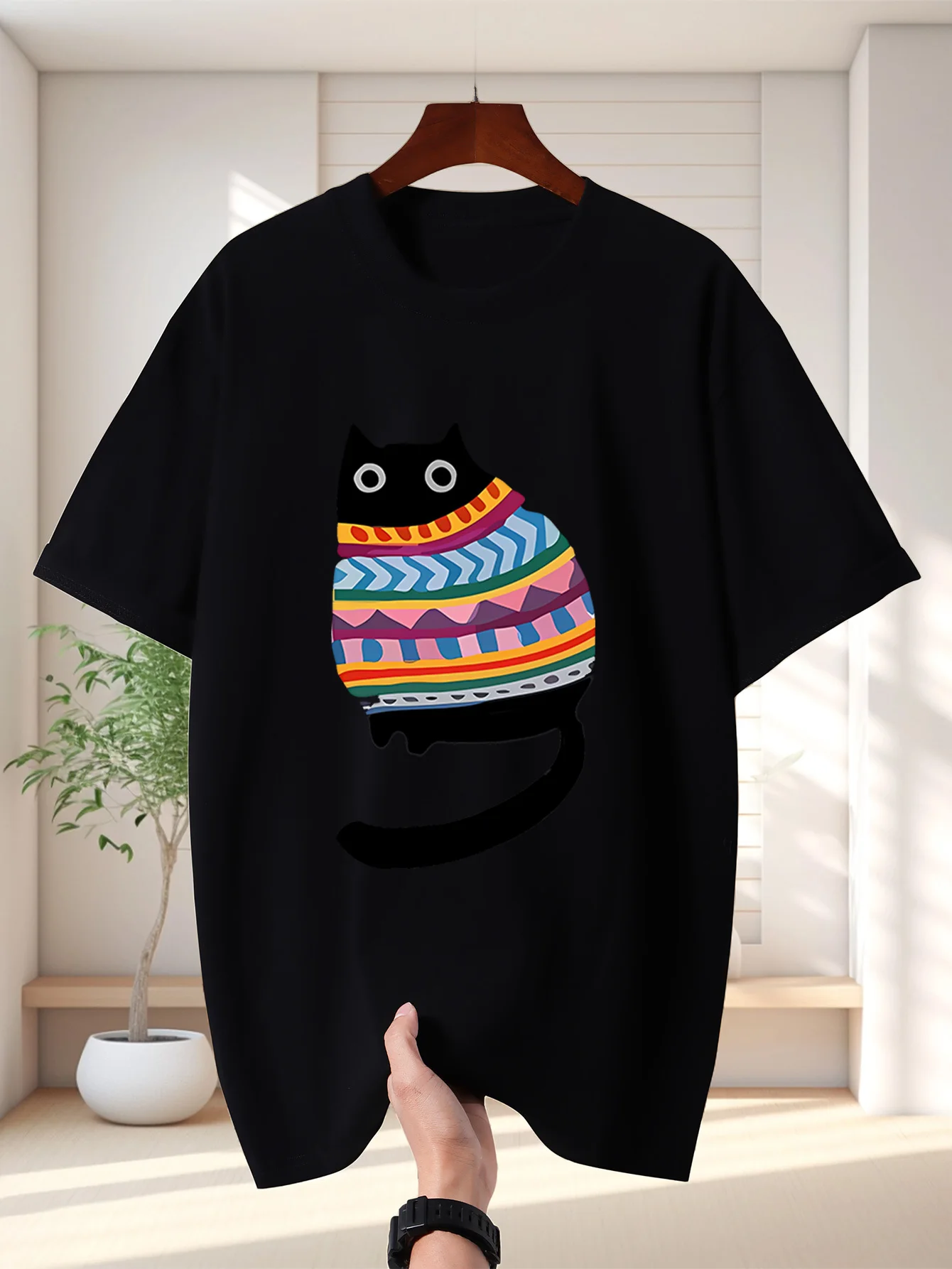 Tribal Stripe Black Cat Print Men Short Sleeve Tshirt Cute Hand Drawn Kitty O Neck Tee Pet Fan Casual Male Street Fashion Tops
