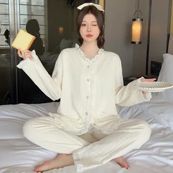 5XL Plus Size Cotton Pajamas Women Spring Fall Cute Thin Two-piece Suit Sweet Students Sleepwear Long Sleeve Loose Homewear